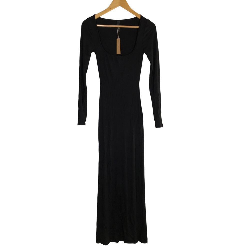 SKIMS Soft Lounge Dress Long Sleeve Square Neck Bodycon Maxi Onyx Black NWOT XS